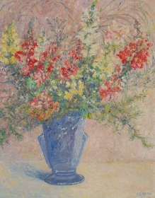 Allen, Anna, Orange City. Oil on board, 16 by 20 inches. Signed on back, Snap Dragons, Anna Elizabeth Allen, Orange City, Florida, 1948. - Copy