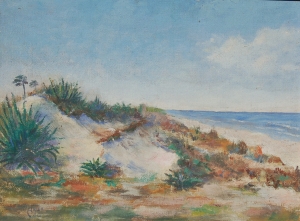 Ames, William, Daytona Beach. Oil on board, 12 by 16 inches. Signed lower left Ames 30 and on back Sand Dunes, Daytona Beach, William Ames, 1930.
