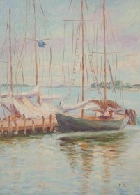 Boozoites, Panos. Florida Boats. Signed P.B. Oil on board, 9 by 12 inches.