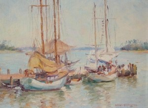 Boozoites, Panos. Sailboats, 1947. Oil on board, 9 by 12 inches.