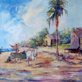 Buchholz, Emaline, Collecting Seaweed, Sarasota. Oil on canvas. 30 by 30 inches.