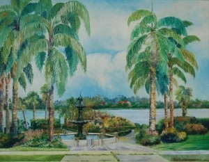 Carpenter, Rena Littell. Orlando. The Fountain, Eola Park, Orlando, Florida. 1954. Oil on board, 22 by 28 inches.