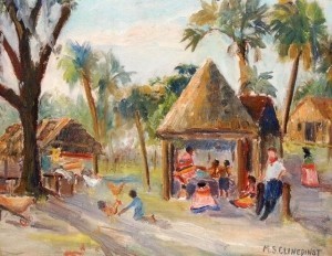 Clinedinst, May. St. Petersburg. Seminole Village. Oil on board 12 by15 and one quarter inches.