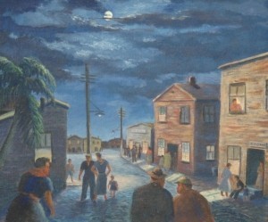 Coconut Grove, Miami. Oil on board, 20 by 24 inches. Night Life in Shanty Town.