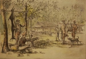 Hagerman, Kent.  Meat in the Camp.  Etching 6 by 9 inches.