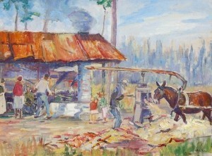 Harley, Rachel. Clearwater, Sugar Harvest. Oil on board, 17 and three quarters by 23 and seven eights inches.