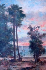 Higgins, George Frank. Boston Art Club. Boat on Lake. Oil on canvas, 13 by 19 inches.