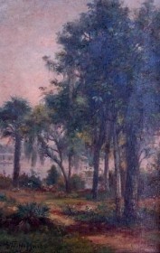 Higgins, George Frank. Boston Art Club.  Dock on the Lake. Oil on canvas, 12 by 18 inches.
