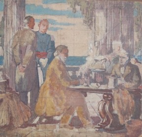 Hill, George Snow.  Diston Treaty. Watercolor on board, 10 and one quarter by 10 one half inches. Second study for Chicago Century of Progress, 1933.