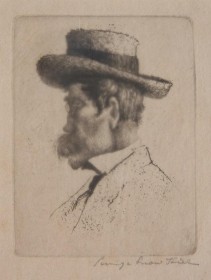 Hill George Snow. Self portrait in Paris. Etching, 3 by 4 inches.