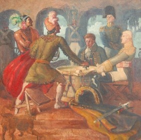 Hill, George Snow.  St. Petersburg, The Treaty at Moultre Creek. Oil on board, 30 by 30 inches. Study, for Chicago Century of Progress, 1932.