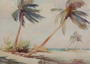 Hilton, Harold. Jacksonville. Boca Ciega Palms. Watercolor, 10 and  one half by 14 and one half inches.