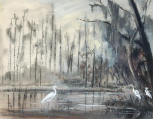 Huntley, Victoria Hudson. Florida Swamp with American Egret and Wood Ibis, 1947.