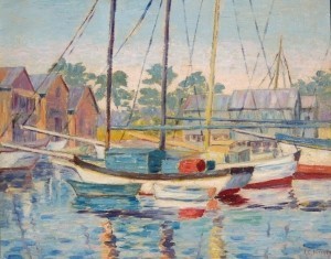 King, Janet C. St. Petersburg. Shrimp Boats, Tarpon Springs.  Oil on board, 16 by 20 inches. Exhibition card on back, Florida Federation of Art, 2nd Annual Exhibit, 1929.