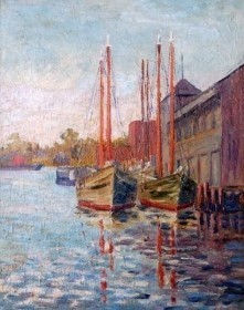 King, Janet. Hibbs Boats, Bayboro Harbor, St. Petersburg, 1929.  Oil on board, 15 and seven eights by 19 and seven eights inches.