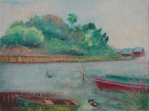 McCollister, Dora G., Sarasota. Oil on canvas board, 12 by 16 inches. Signed on back, From Sowes (sic) boat yard, Sarasota, Fla. 1943.