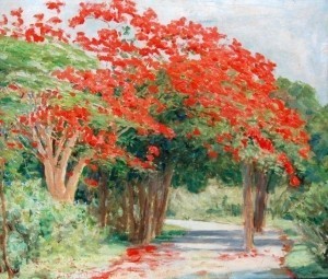 Newell, Natalie, Miami.  Attributed to. Royal Poinciana, Alhambra Circle, Coral Gable, 1923. Oil on board, 20 by 24 inches. Miami Herald clipping on back February 1923.