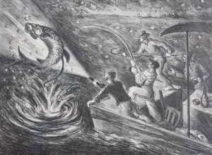 Pierce, Waldo. Tarpon Fishing, Gulf of Mexico. Etching, 9 and three quarters by 13 one quarter inches. Ernest Hemingway in stipped shirt.