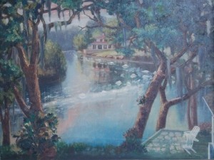 Porth, Lawrence. On back, Artist Lawrence Porth, Foam From Cypress Knees Tanic Acid, Hillsbrough River,  1957. Oil on canvas, 25 by 33 inches. Signed on front L. Van Porth.