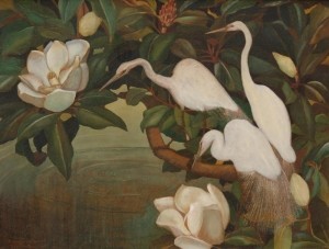 Porth, Lawrence. Tampa. Oil on board, 27 by 36 inches. Egrets and Magnolias. Signed on front Van Porth.