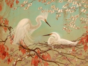 Postle, Joy. Snowy Egrets, Dogwoood and Swamp Maple. 1950. Oil on board, 30 by 40 inches.