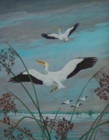 Postle, Joy. White Pelicans and Bulrushes. Tempera, 16 by 20 inches.