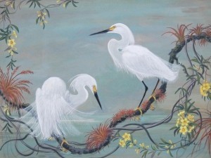 Postle. Joy. Orlando. Snowy Egrets, Yellow Jasmine and Air Plants. Oil on board, 30 by 40 inches.