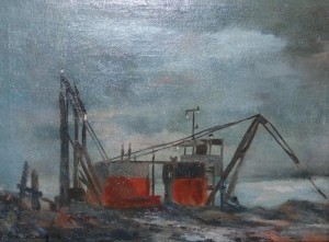 Sawyer, Helen. Sarasota. Little Dredge at Evening. Oil on canvas, 12 by 16 inches.