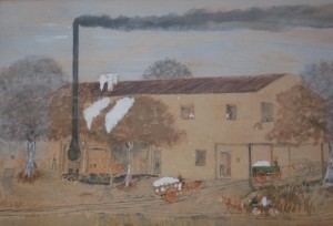 Smith, Frog. Ft. Myers. Mixed media, 14 by 22 inches. Cotton Gin built by Lovett Mores in 1902 five miles west of Branford, Fla. on 27. Moved into Branford in 1905. I saw it running in 1910.