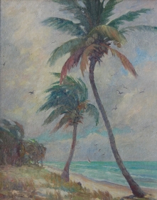 Stearns, Rachel. Oil on board, 16 by 20 inch. Signed front lower left and on back, Windy Morning, Crandon Beach, on Key Biscayne, at Miami.