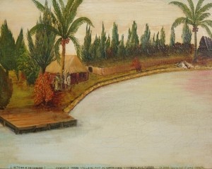 Tennis, Leonard Oreistes. Oil on board, 16 by 20 inches.  In the Edge of the Everglades. Seminole Inidan Village and Aligator Farm. Tigertail River, November 15, 1935.