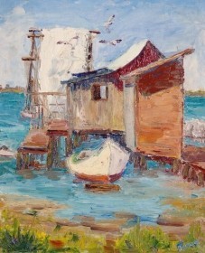 Tracy, Lois Bartlett. Fishnets and Sails. Exhibited Sarasota Art Association, 1943. Oil on board, 10 by 12 inches.