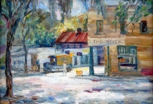 Wells, Lillian. DeLand. The Mecca. Two sided painting. Oil on board, 14 by 20 inches.