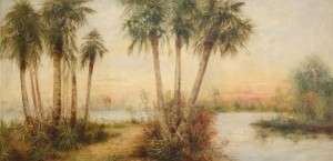 Wilcox, J. Ralph. Attributed to. Daytona Beach.  Oil on board 24 by 48 inches.