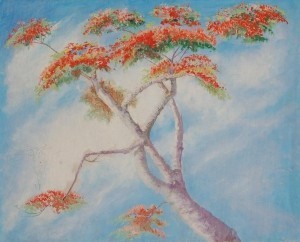 Woodward, Dewing.  A Bit of Color, Royal Poinciana. Miami, April 1947. Oil on board, 17 by 21 inches.