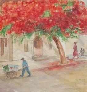 Reilly, Elvira. Royal Poinciana on Whitehead Street. Watercolor, 16 one half by 17 one half inches.